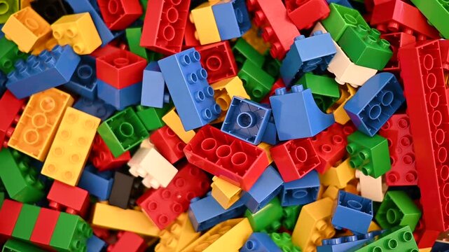 Pile of colorful plastic building blocks texture background. Bright educational toys for children, creative play and early childhood development concept.