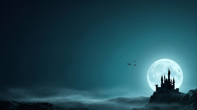 A silhouette of a spooky gothic castle under a large full moon in a misty night sky