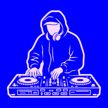 DJ mixing music on controller turntable console vector illustration, electronic dance music party concept