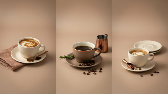 Coffee scenes with latte roasted beans, and copper pitchers on warm beige backgrounds