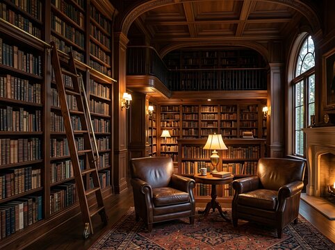 Luxury classic library with leather chairs, warm lighting, and antique bookshelves for elegant study or reading room