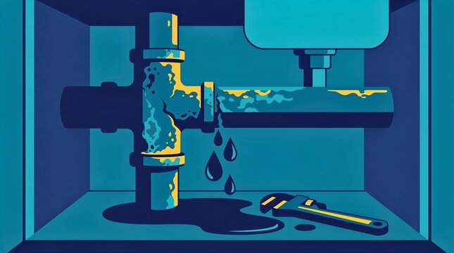 A bold graphic illustration of a corroded pipe joint under a sink with stylized water droplets dripping down, a wrench nearby. Navy, teal, and warning-yellow palette.