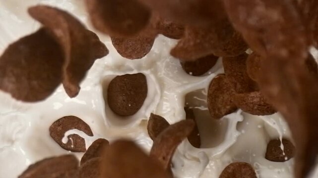 Chocolate corn flakes falling into milk with splash in super slow motion top view
