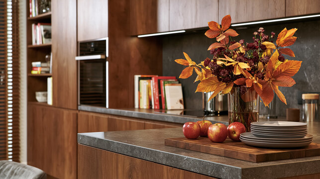 Contemporary kitchen featuring warm wooden cabinets, dark stone countertop, and autumn decor including vibrant leaves, fresh apples, and dinnerware