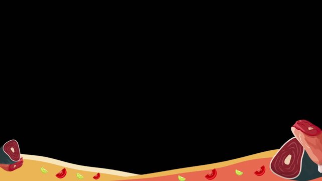 Animated illustration of raw meat cuts and vegetable slices moving on a wavy food background with video repeating pattern ingredients horizontal