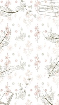 Elegant seamless botanical pattern featuring delicate hand-drawn flowers, leaves, butterflies, and fine botanical elements in soft neutral and pastel tones on a clean white background. Perfect for fab
