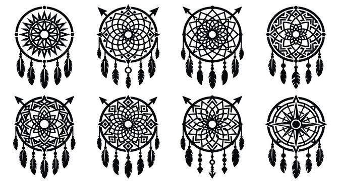 Dreamcatcher Silhouette Icon Set, Boho Mandala Feather Vector Collection, Tribal Ethnic Design Bundle