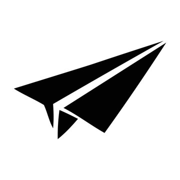 Minimalist paper plane icon, black paper airplane silhouette on white background. Origami glider symbol for message delivery and travel. Modern geometric aircraft graphic for business startup.