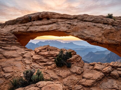 Delicate Arch at Sunset with Mountain Landscape and Dramatic Sky