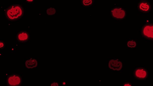 Glowing red jack o lantern pumpkins floating slowly against a dark black background in motion with pumpkins drifting through space small particles