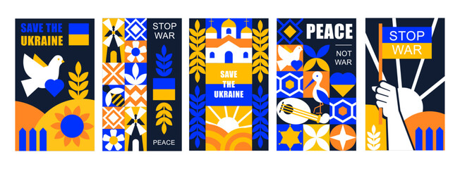 Fototapeta premium Ukraine Geometric Posters., Blue and Yellow Flags and Peace Messages, Stop War, Save Ukraine
