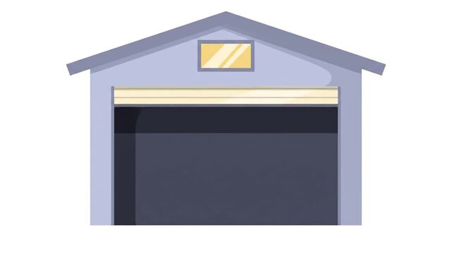 Residential garage building with closed roller shutter door.