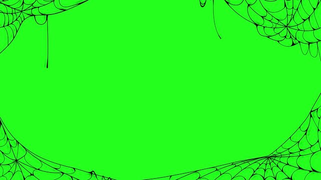 Black spider webs hanging from corners against a solid bright green background for compositing purposes with patterns isolated solid background easy chroma