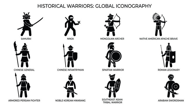 Historical warrior figures displayed as black vector graphic icons showcasing various traditional ancient global combat styles