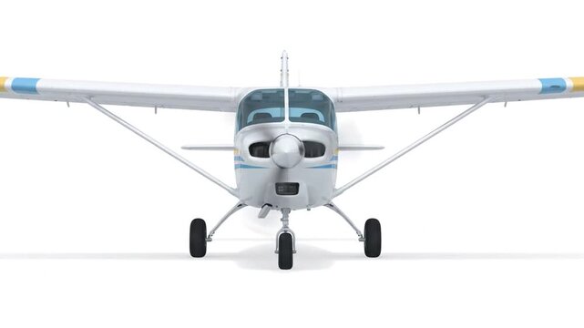 Small white propeller plane front view on white background