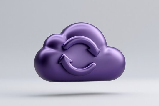 3D purple cloud sync icon with circular arrows vector illustration