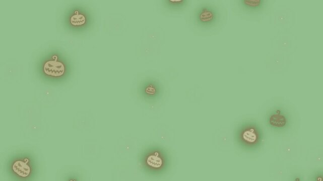 Animated jack o lantern pumpkins floating on a soft pastel green background for halloween holiday decoration with floating slowly upward upward against solid