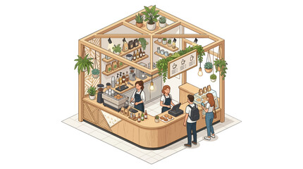 Fototapeta premium Cozy Isometric Coffee Shop with Plants and Customers