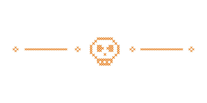 Cross stitch Halloween border, divider and trim layout. Spooky embroidery folk art decoration element. Skull and skeleton ribbon motif for digital crafting and seasonal autumn holiday design.