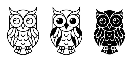 Fototapeta premium Cute Owl Icons, Vector Graphics, Simple Bird Illustrations, Black and White Designs