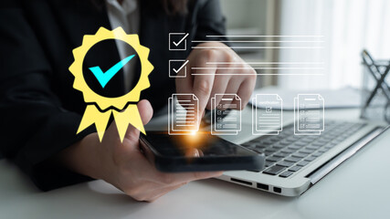 Person Using Smartphone for Document Verification with Quality Assurance Concept and Checklist on a...