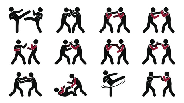Fighting stick figure set featuring diverse combat positions and martial arts actions in vector graphic style