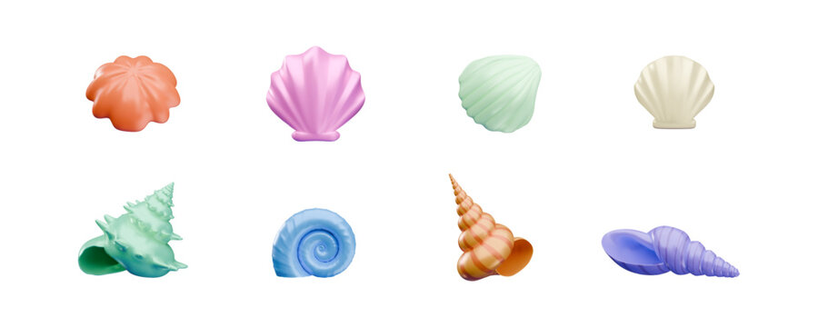 A set of multicolored 3D seashells of various shapes.
