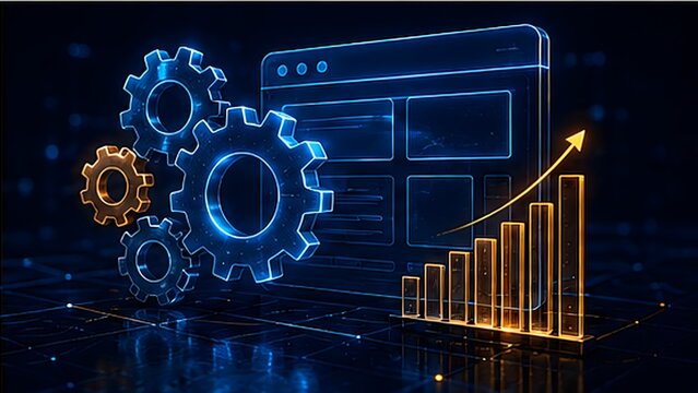 Interlocking glowing blue and orange gears next to an upward bar chart and a digital web interface window. Concept of search engine optimization and automated software development progress.