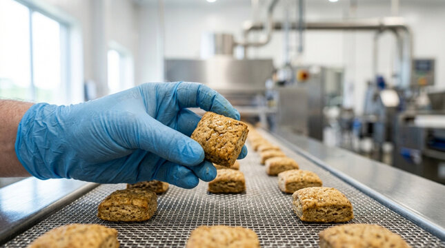 Gloved Hand Picks Biscuit from Conveyor Belt in Food Factory Production Line