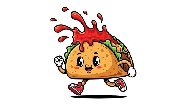 Cute cartoon taco character running fast with red sauce splashing everywhere in a fun and energetic food illustration