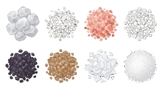 Vector Salt Varieties Collection Grid with Himalayan Pink, Sea Salt, Rock Salt, and Flaky Crystals isolated on white background