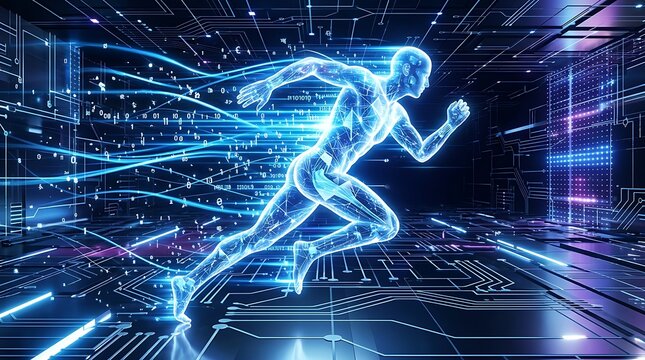 Futuristic digital runner sprinting through neon cyber city data streams and glowing circuits