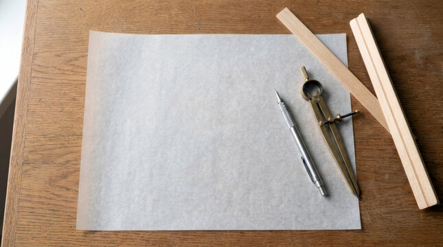 Architectural Drafting Tools on Clean Wooden Table Flatlay