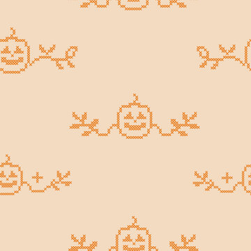 Gothic cross stitch Halloween seamless pattern. Boho embroidery folk art texture. Repeatable pumpkin and vine garland motif on peach backdrop for digital scrapbooking, autumn textiles, eerie design.