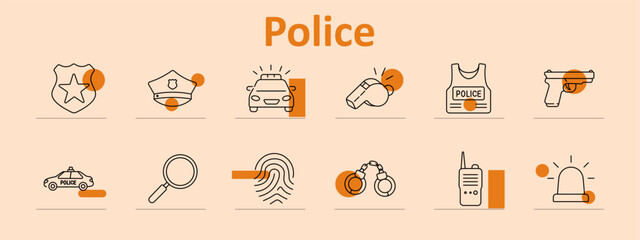 Police set icon. Star badge, officer cap, patrol car, whistle form, police vest, handgun form, car, search lens, fingerprint, handcuffs, radio device, siren light. © Anastasia