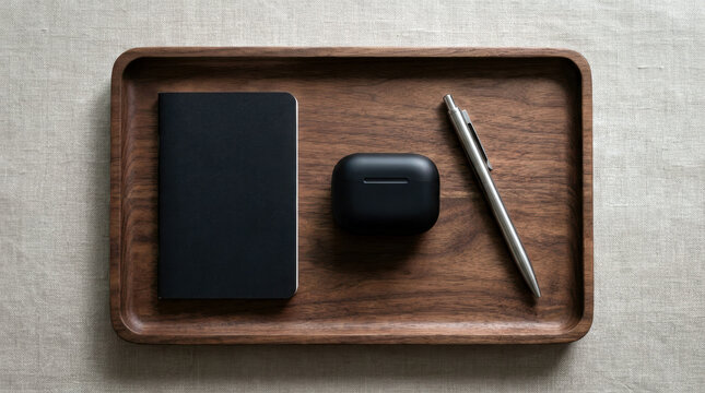Minimalist Everyday Carry Items on Dark Wood Valet Tray