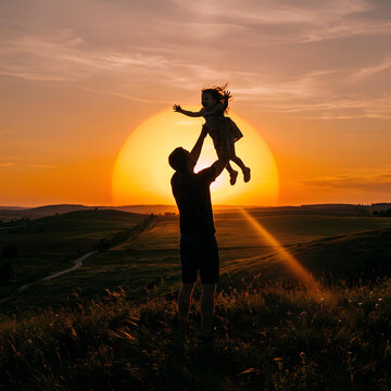 Father throwing daughter in air at sunset, silhouette, happy family, golden hour