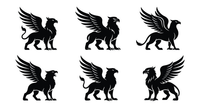 Six black griffon silhouettes showcase varied poses against a white background