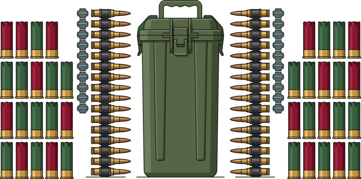 Military Ammunition Box with Machine Gun Bullet Belts and Rows of Shotgun Shells Vector Combat Illustration