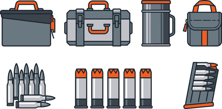 Tactical Ammunition Gear Icon Set with Rifle Bullets Magazine Clip Shotgun Shells and Storage Boxes Vector Illustration