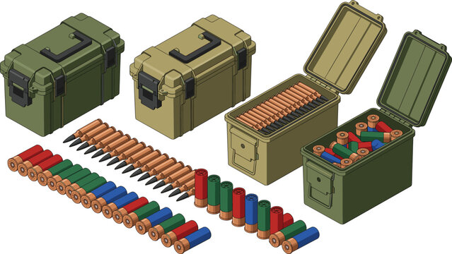 Isometric Military Ammunition Box Set with Rifle Bullets and Colorful Shotgun Shells Vector Supply Illustration
