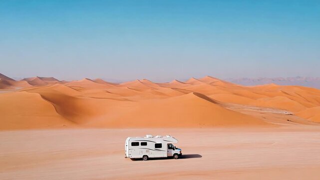 An RV travels across vast sand dunes in a desert landscape during daylight