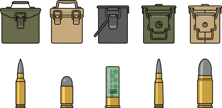 Military Ammunition Can and Bullet Icon Set with Rifle Cartridges Shotgun Shell and Metal Ammo Boxes Vector Illustration