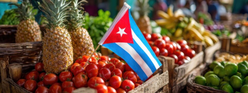 Colorful market with Cuban flag and fresh fruits and vegetables in Cuba during daytime