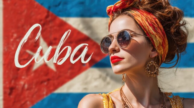 Woman wearing sunglasses and a headscarf stands in front of a Cuban flag mural on a sunny day in Cuba