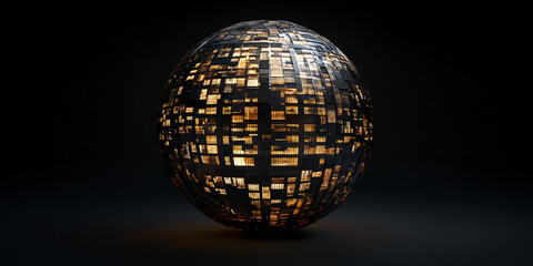 Obraz premium Futuristic sci-fi sphere with glowing internal lights, metallic tech orb on black background, 3D digital globe for space and data concepts