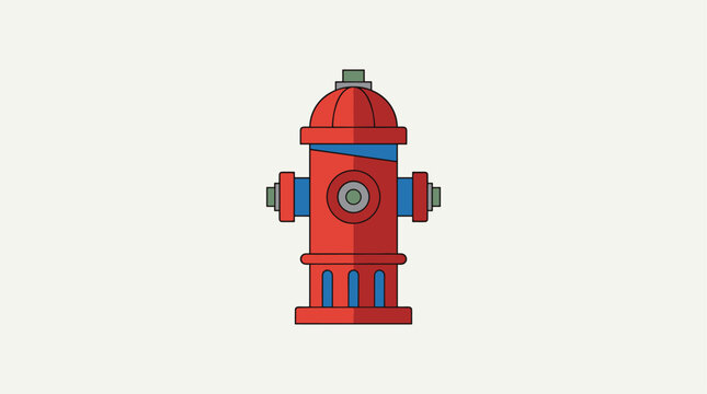 Red fire hydrant illustration, flat design graphic element with blue accents, isolated on light background