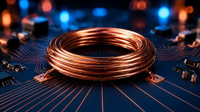 Copper wire coil soldered onto a dark blue electronic circuit board with glowing orange light traces. Concept of advanced microelectronics engineering and hardware component manufacturing.