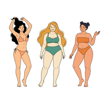 Three diverse women with different body types posing confidently in bikinis, celebrating body positivity and self-acceptance.