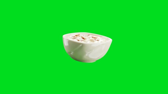 A creamy bowl of indian rice pudding topped with sliced almond slivers